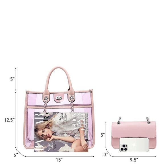 Large Clear Tote Bag Set Pink - Picture 4 of 6